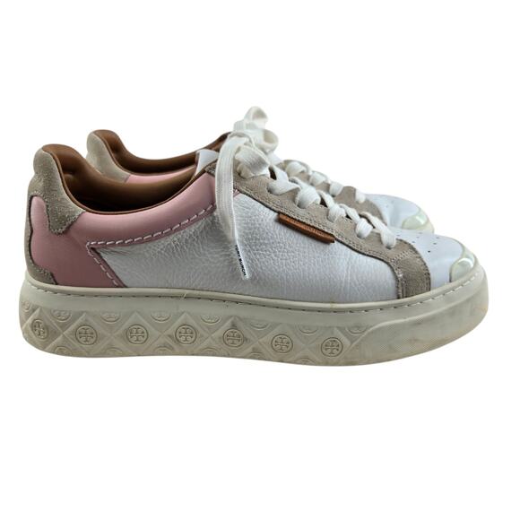 Tory Burch Ladybug Platform Sneakers Womens 9 White Leather Pink Low Top Logo - Picture 1 of 14